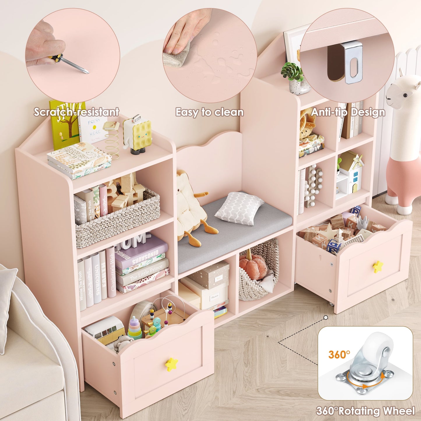 Homfa Kids Bookshelf with Reading Nook, Kids Storage Cabinet with 8 Cubby, 2 Wood Toy Bin for Nursery Kids Room, Pink