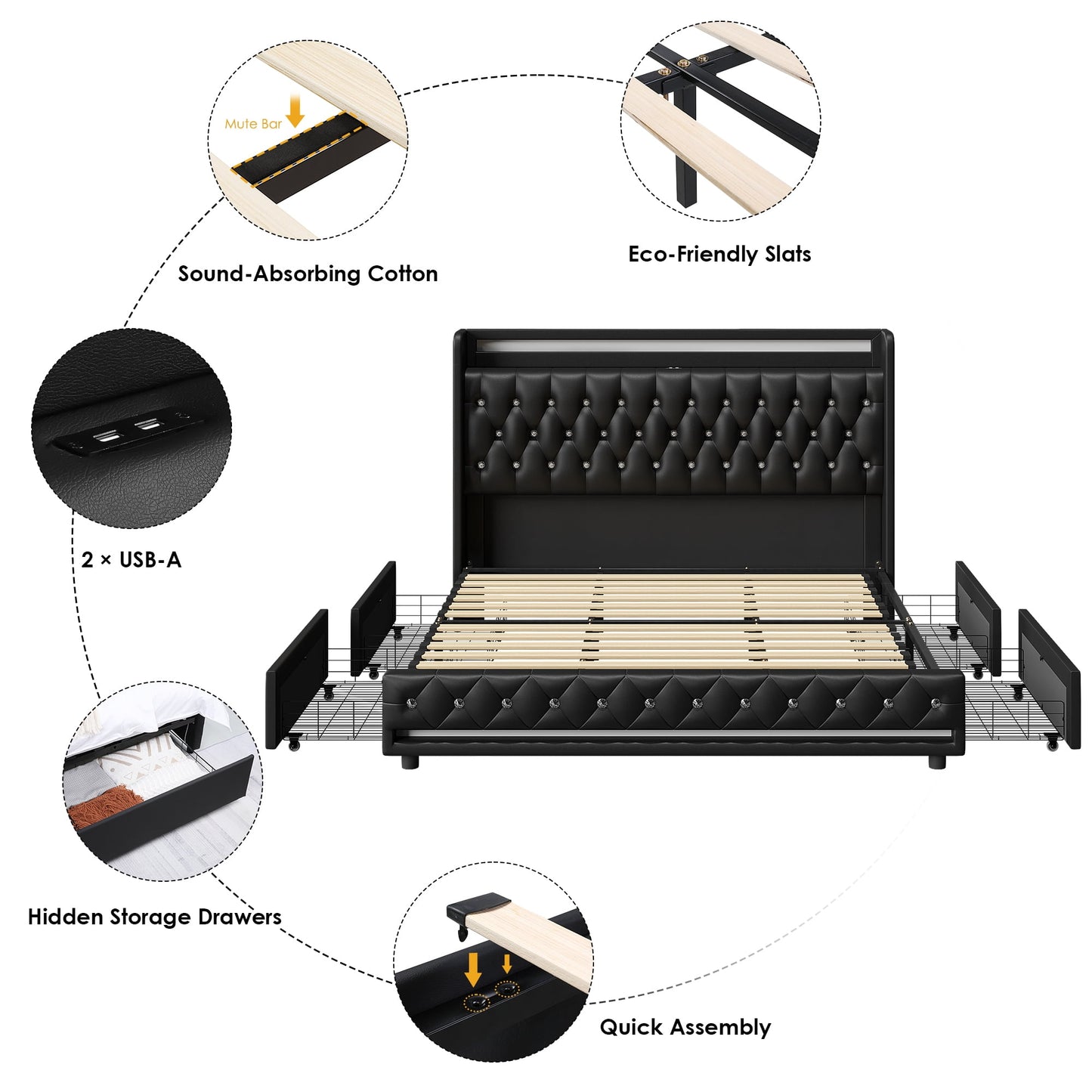 Homfa Full Size LED Bed Frame with 4 Storage Drawers, Modern PU Leather Crystal Button Upholstered Platform Bed Frame with Outlets and USB Ports & Display Platform, Black