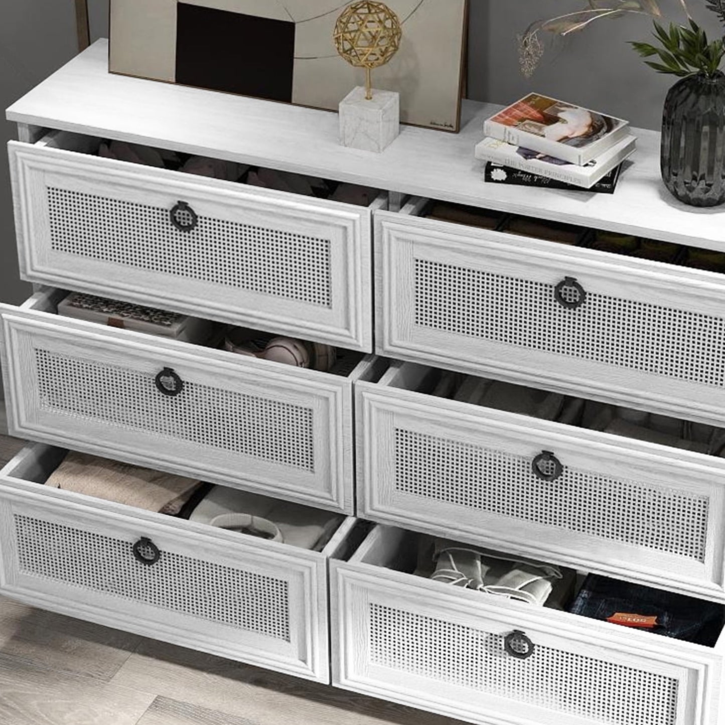 HUJAUU Dresser for Bedroom, Rattan 6 Drawer Dresser, Wide Chest of Drawers for Living Room, Closet, Hallway, Nursery, White