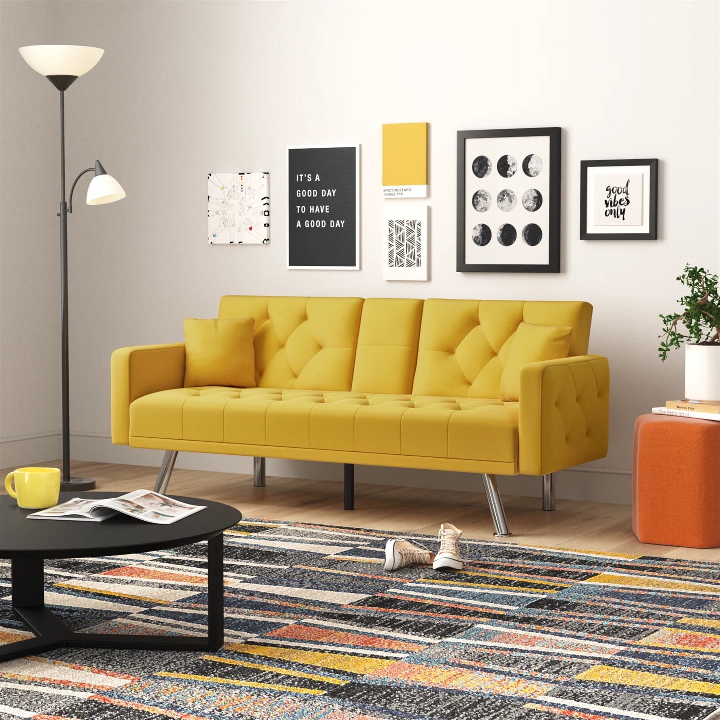 Aukfa 75in Tufted Futon Convertible Sofa Bed, Arm Couch for Home Office, 2 Pillow&Cup Holder, Yellow