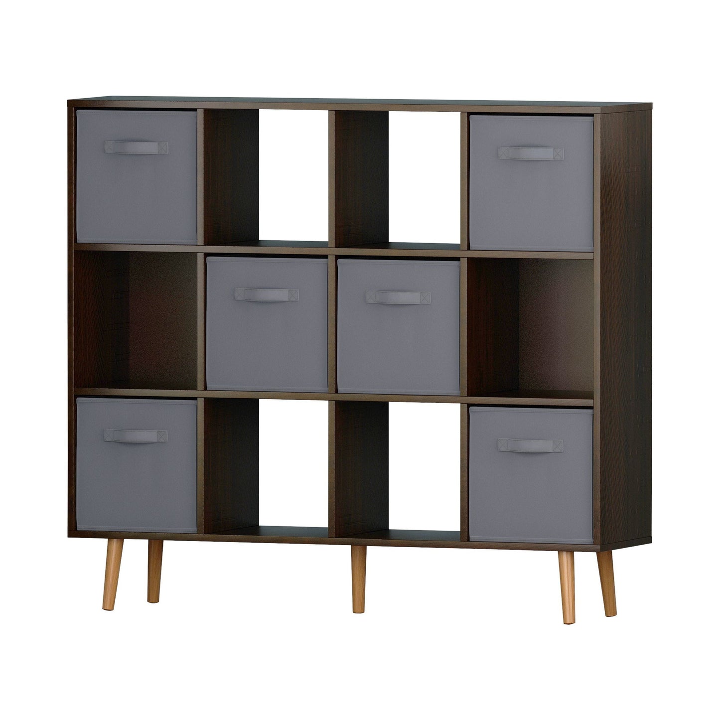 IVV 3 Tier Book Shelf with Fabric Drawers and Wood Legs, Modern Minimalist 12 Cube Open Bookcase Storage Organizer, Freestanding Display Bookcases for Small Space,Bedroom,Living Room (Brown)