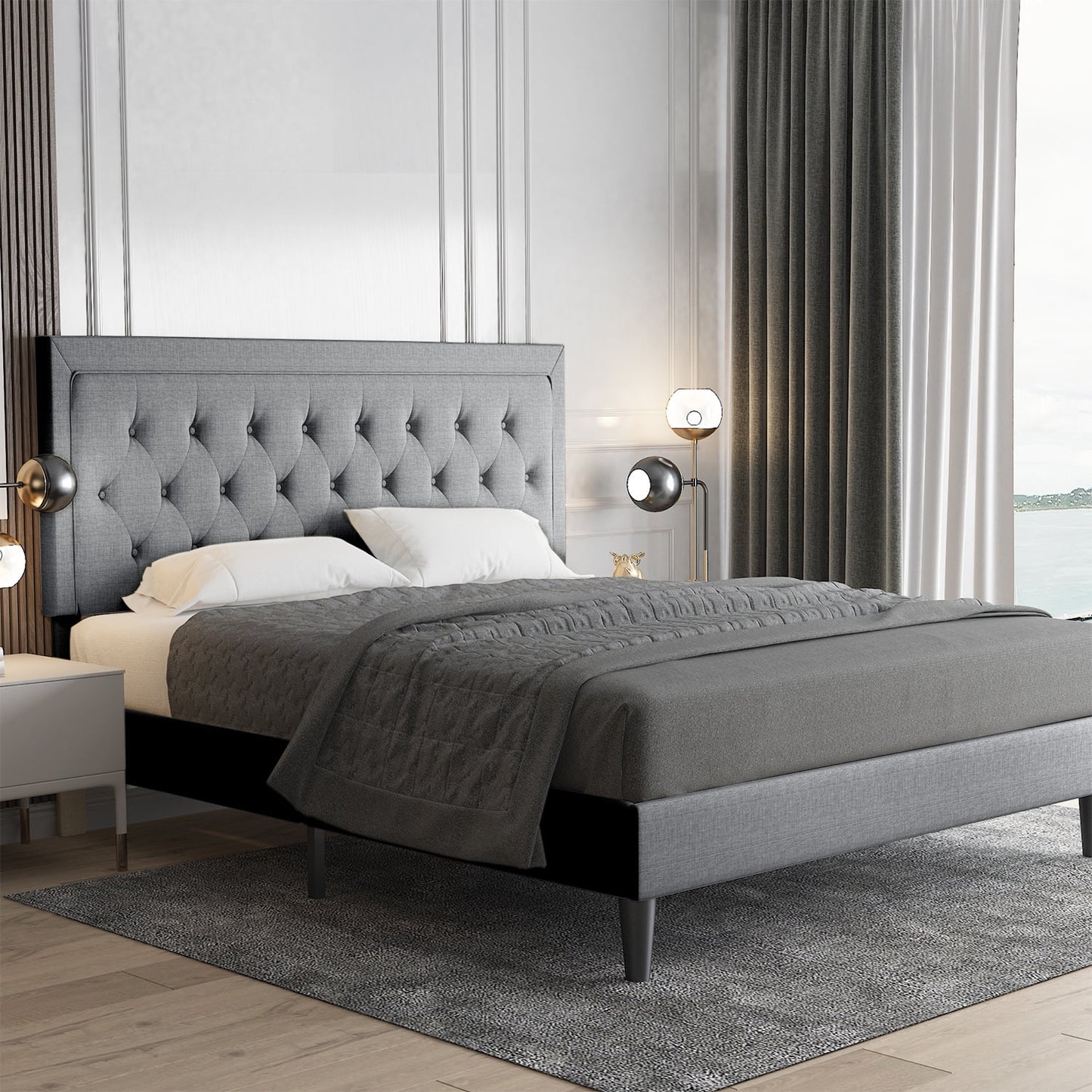 Allewie Full Size Bed Frame Upholstered Platform Bed with Adjustable Headboard, Box Spring not Needed, Light Grey