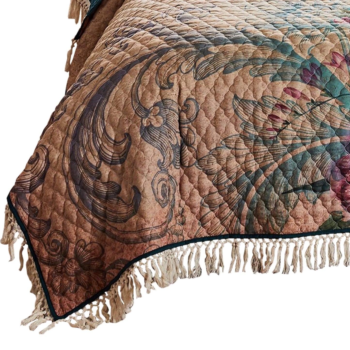 3 Piece Queen Size Quilt Set with Floral Print and Crochet Trim, Multicolor