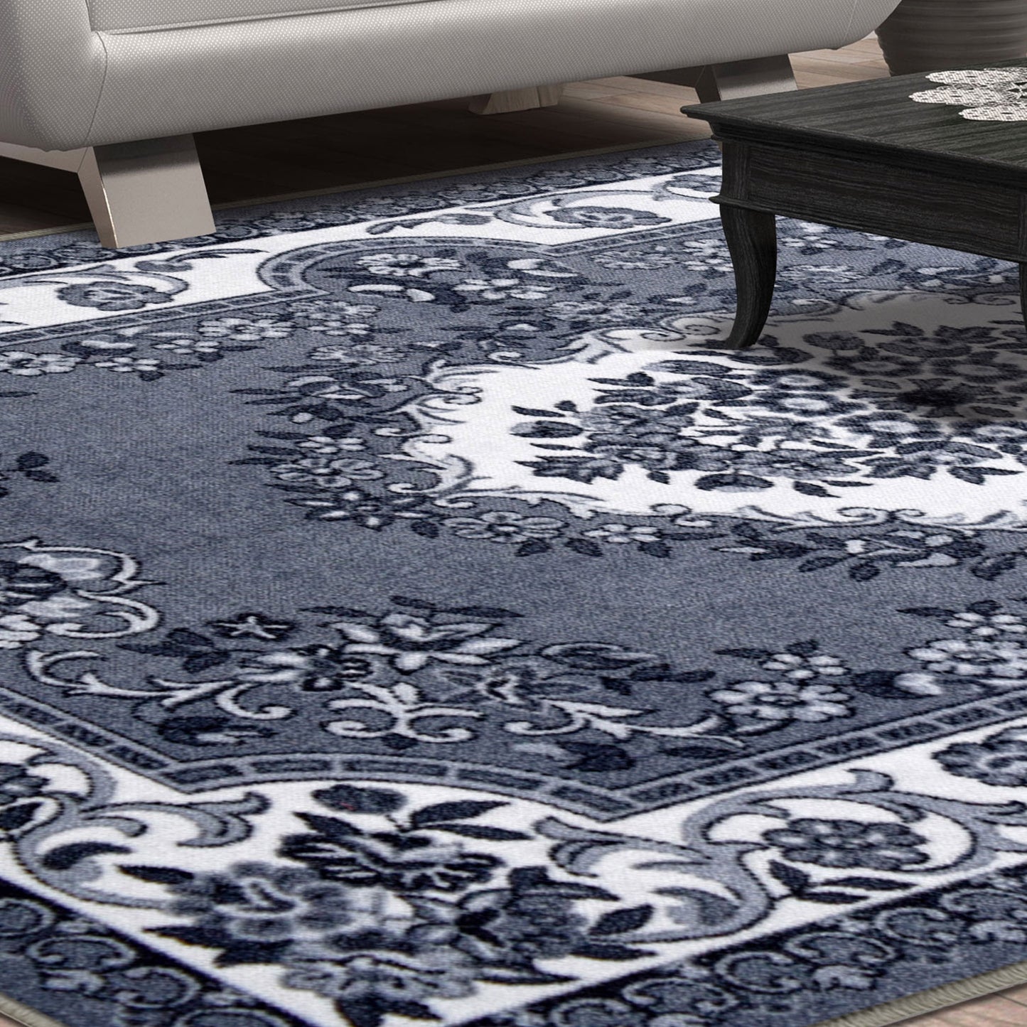 Impressions Floral Transitional Modern Washable Area Rug, Gray