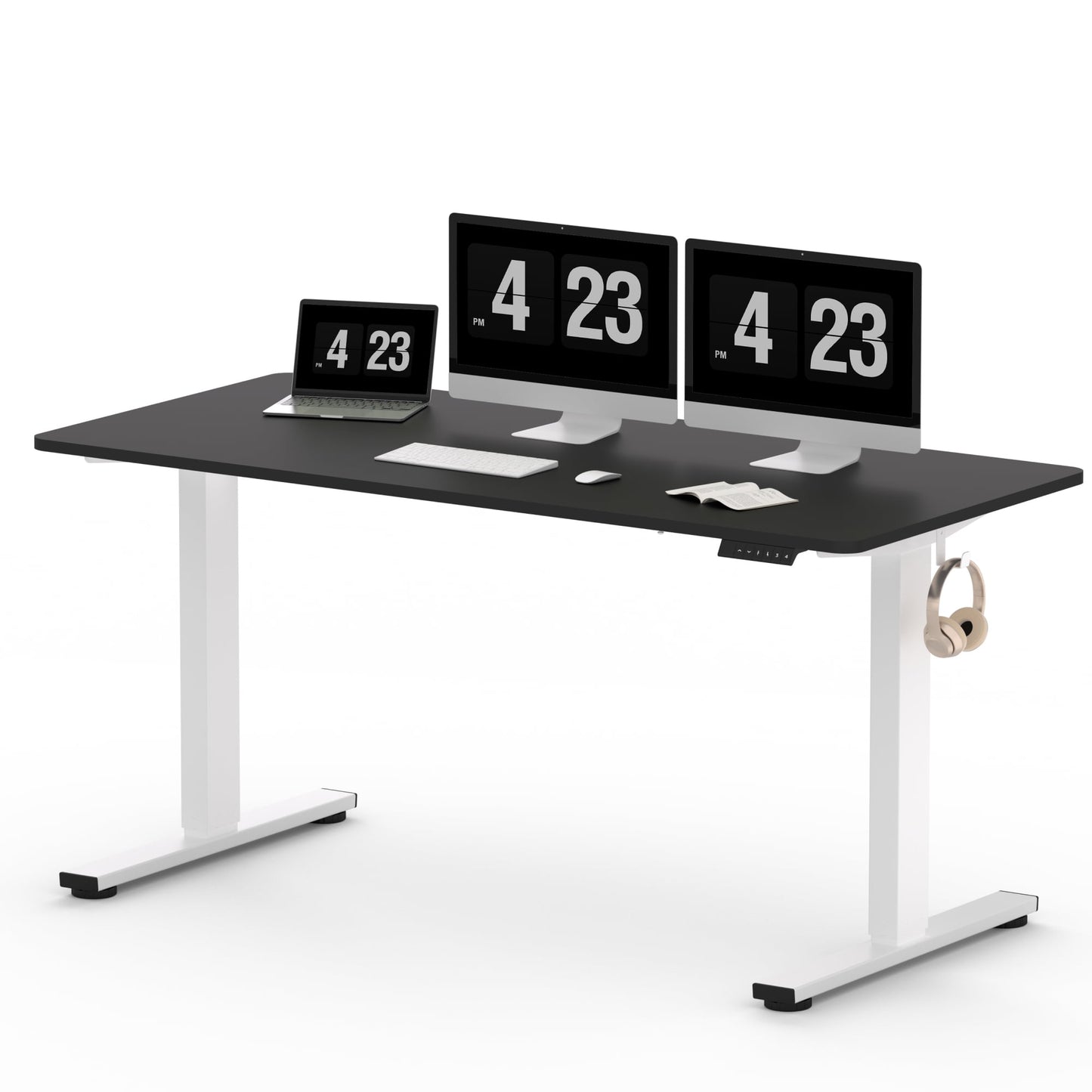 ACTIVESIT 55in x28in Home Office Height Adjustable Standing Desk with Hooks, Ergonomic Electric 2-Stage Stand Up Computer Desk, White and Black