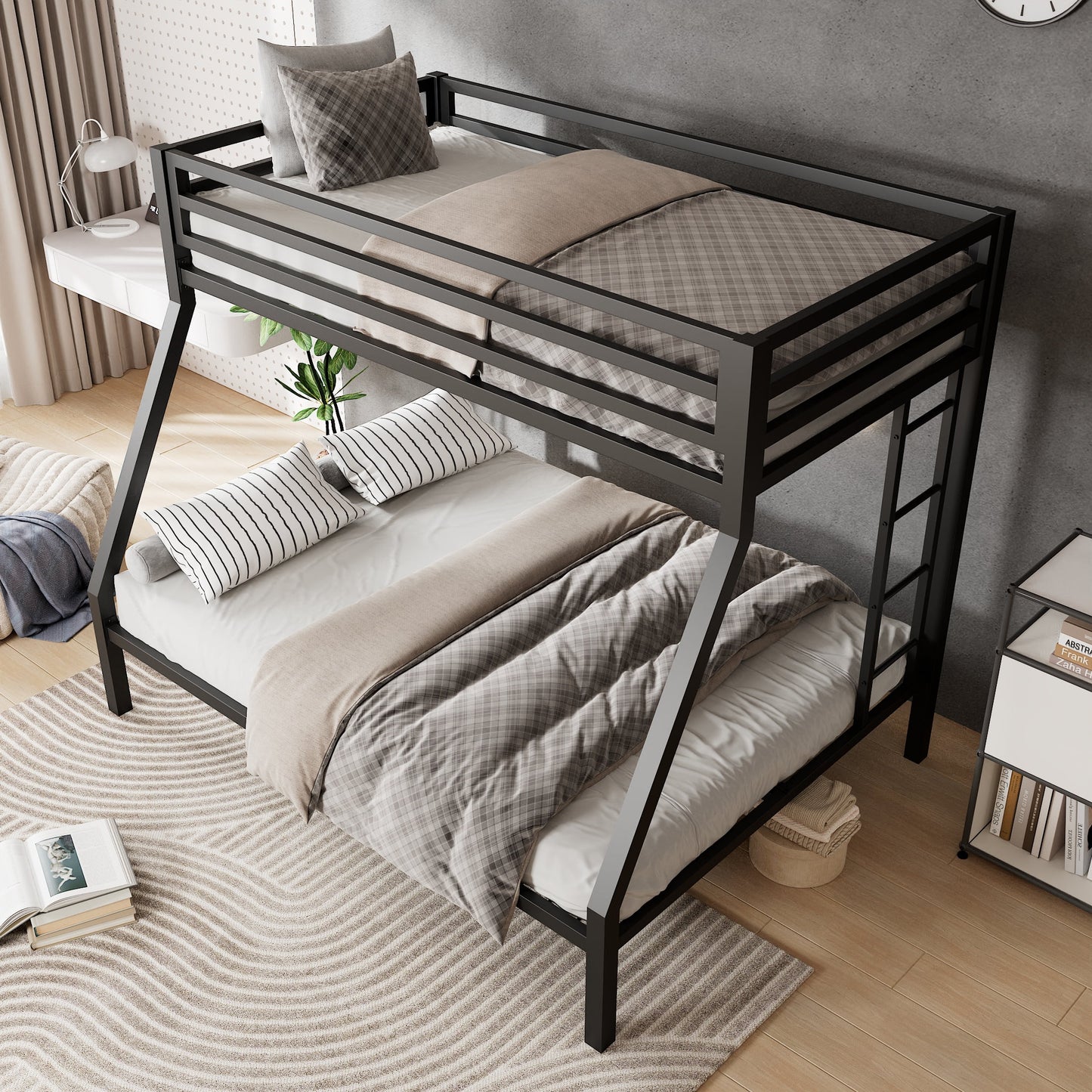 Amolife Twin over Full Metal Bunk Bed with Removable Ladder, Full-Length Guardrail, Black