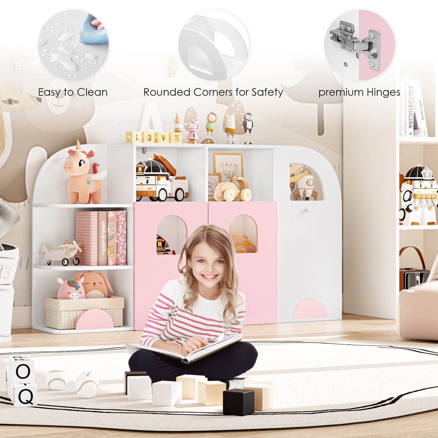 Homfa Multifunctional Kids Bookcase with Door, 6 Shelves & Toy Storage Cube, White and Pink