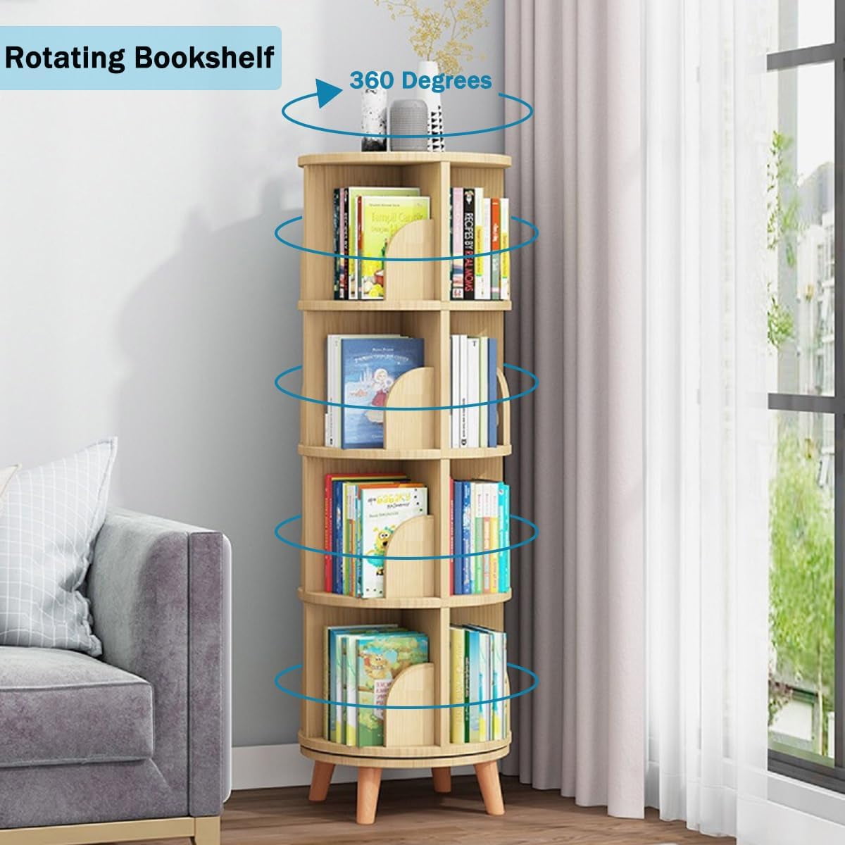 4 Tier Rotating Bookshelf with Legs, Floor Standing Bookshelf Stackable Bookshelf Wood Bookcase Storage 360 Display Book Shelf for Living Room Bedroom