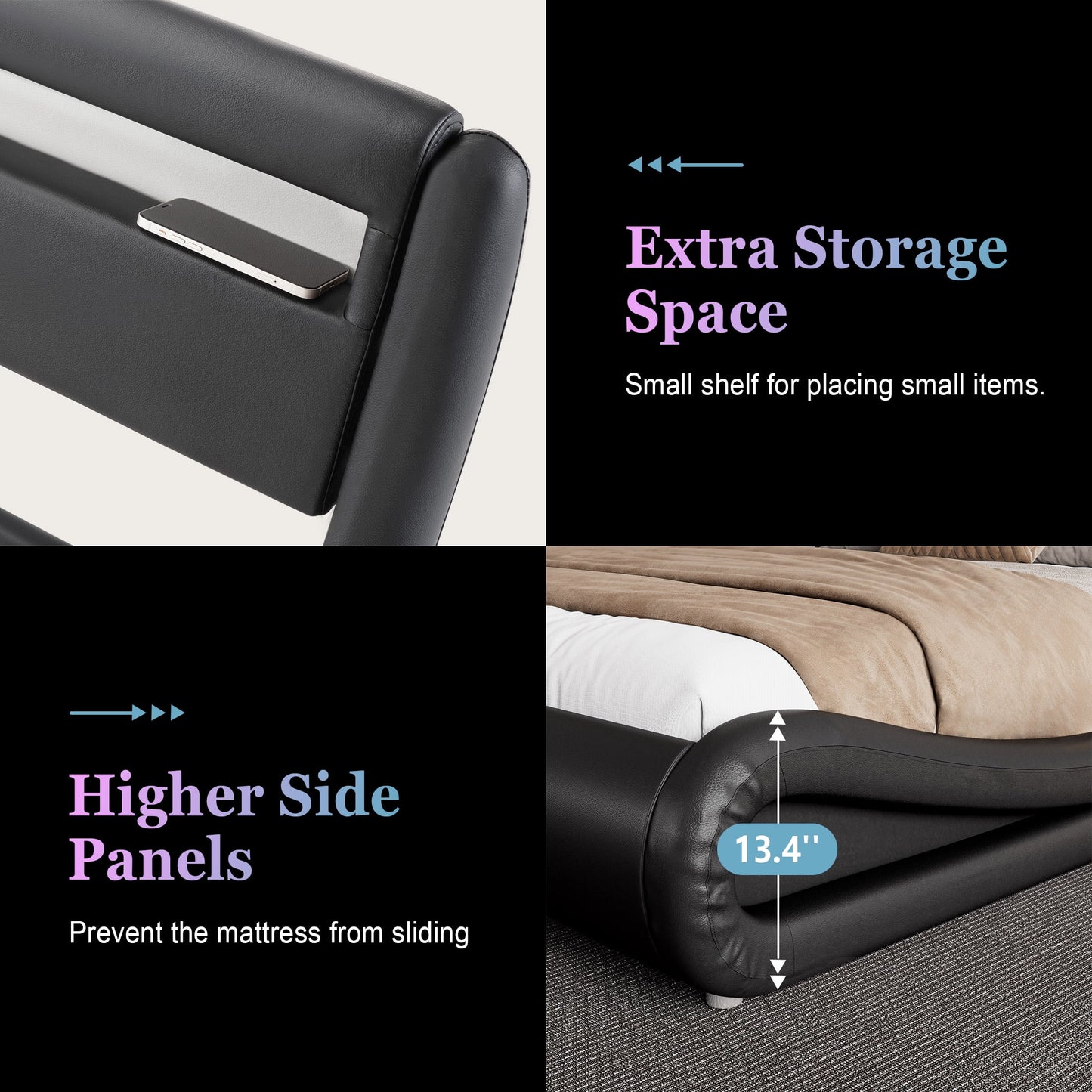 Amolife Queen Size Wave-Like Curve Deluxe Upholstered Modern Bed Frame with LED Headboard, Black