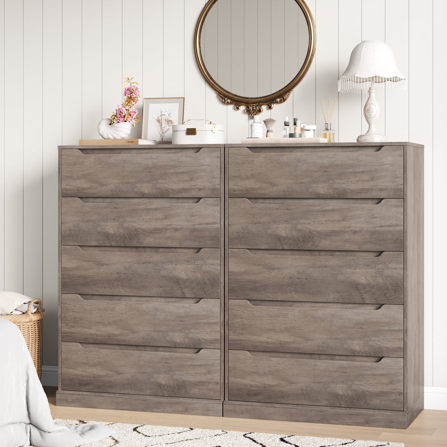 Homfa Vertical 5 Drawer Dresser, Wood Storage Cabinet with Upgraded Stable Base for Bedroom Living Room, Gray