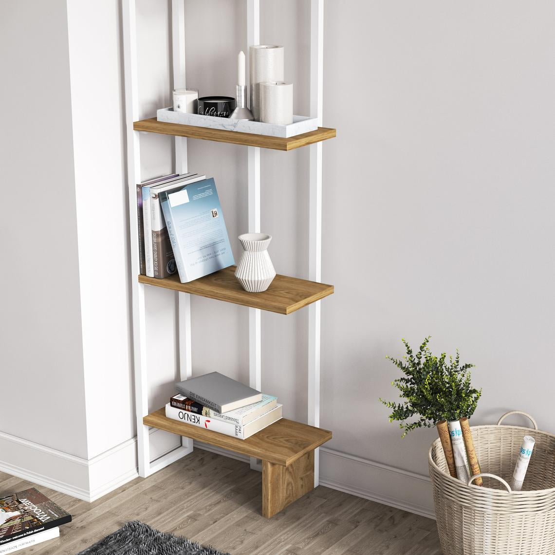 Alice 71in 5-Shelf Corner Bookcase, White Oud