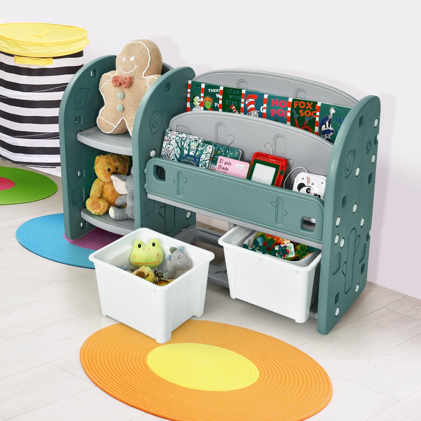 Infans Kids Toy Storage Organizer w/ 2-Tier Bookshelf & Plastic Bins