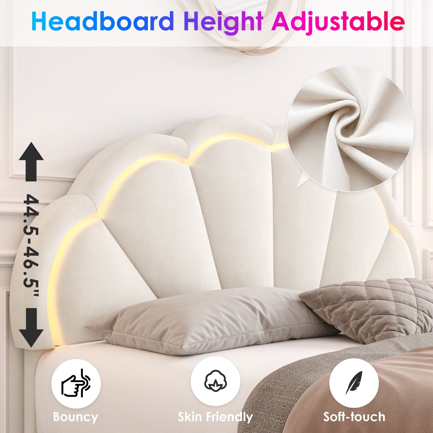 Homfa King LED Bed, Petal Platform Bed Frame with Adjustable Upholstered Headboard, Off-White