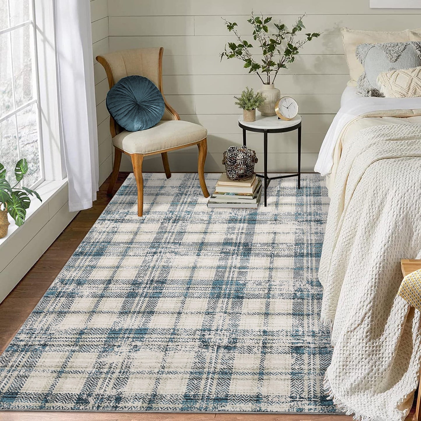 Haperlare Modern Area Rugs for Living Room Tartan Plaid Area Rug Luxurious Soft Bedroom Decor Rug Farmhouse Non Slip Throw Rugs, 8' x 10' Blue Beige