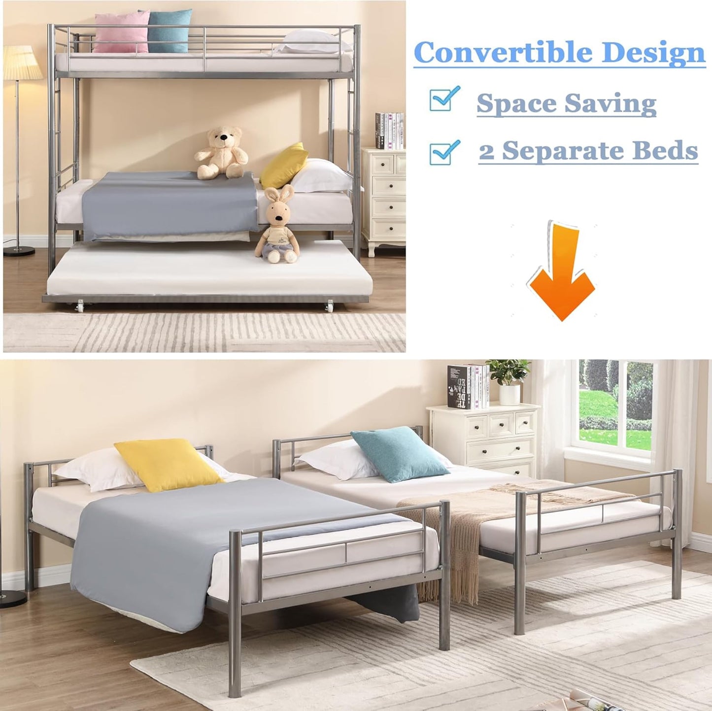 Heavy Duty Kids Twin Over Twin Metal Bunk Bed with Flat Ladder & Safety Guardrail, Convertible Trundle Bed Frame for Dorm, Bedroom, Guest Room, No Box Spring Needed, Silver, D6554