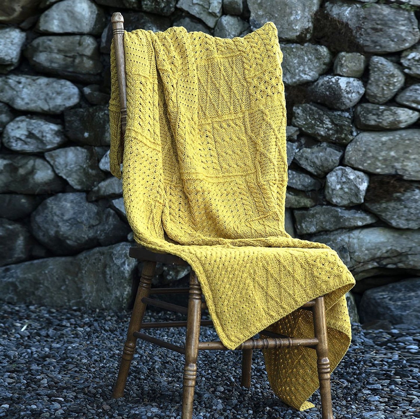 Aran Patchwork Throw 100% Premium Merino Wool Blanket 60in x 42in Made in Ireland by Aran Woollen Mills, Yellow