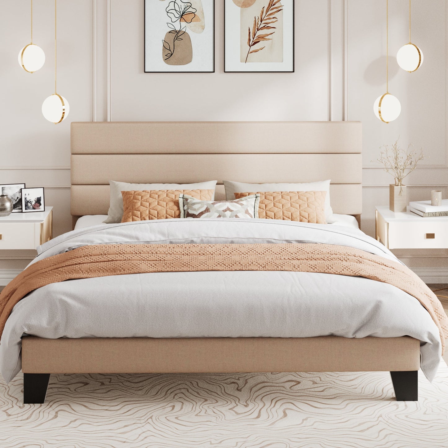 Amolife Platform King Size Bed Frame with Fabric Upholstered Headboard, No Box Spring Needed, Strong Wooden Slats, Beige