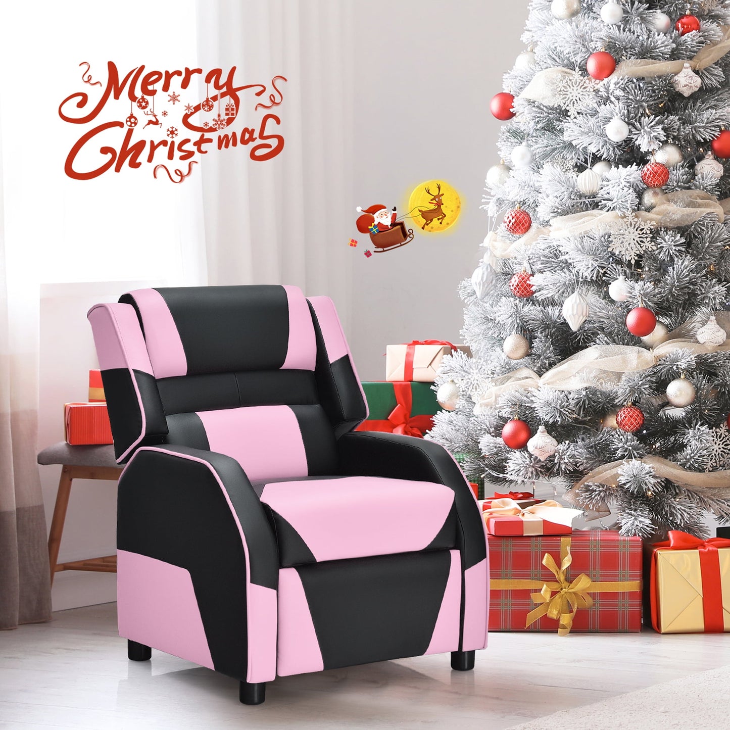 Gymax Gaming Recliner Sofa PU Leather Armchair for Kids Youth w/ Footrest Pink