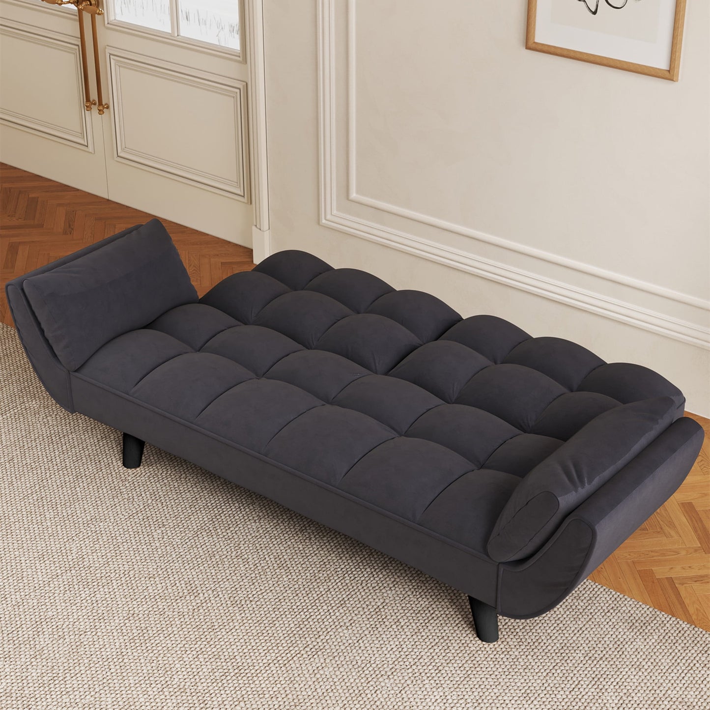 Aukfa 74in Flared Arm Futon Convertible Sofa Bed, Curved Sleeper Sofa for Home Office, Velvet, Black