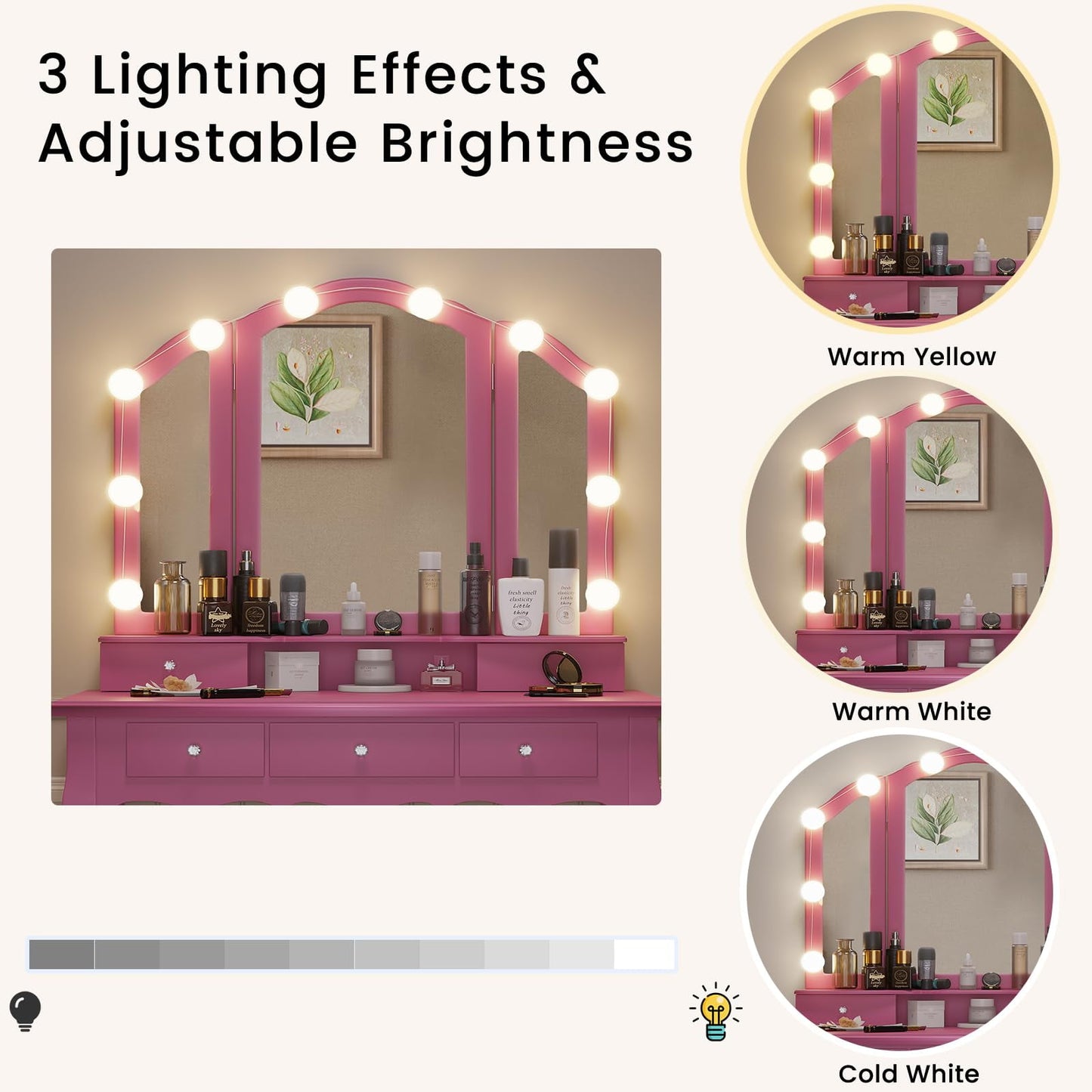 Afuhokles Vanity Table Set with Lighted Tri-Fold Mirror and Stool, Makeup Vanity Dressing Desk 5 Drawers, Pink