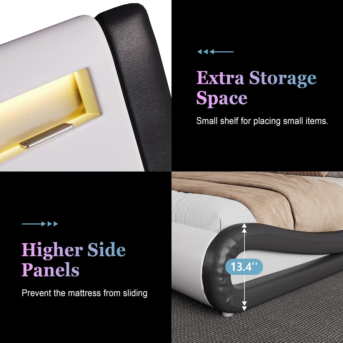 Amolife King Size Wave-like Curve Deluxe Upholstered Modern Bed Frame with LED Headboard, Black+White