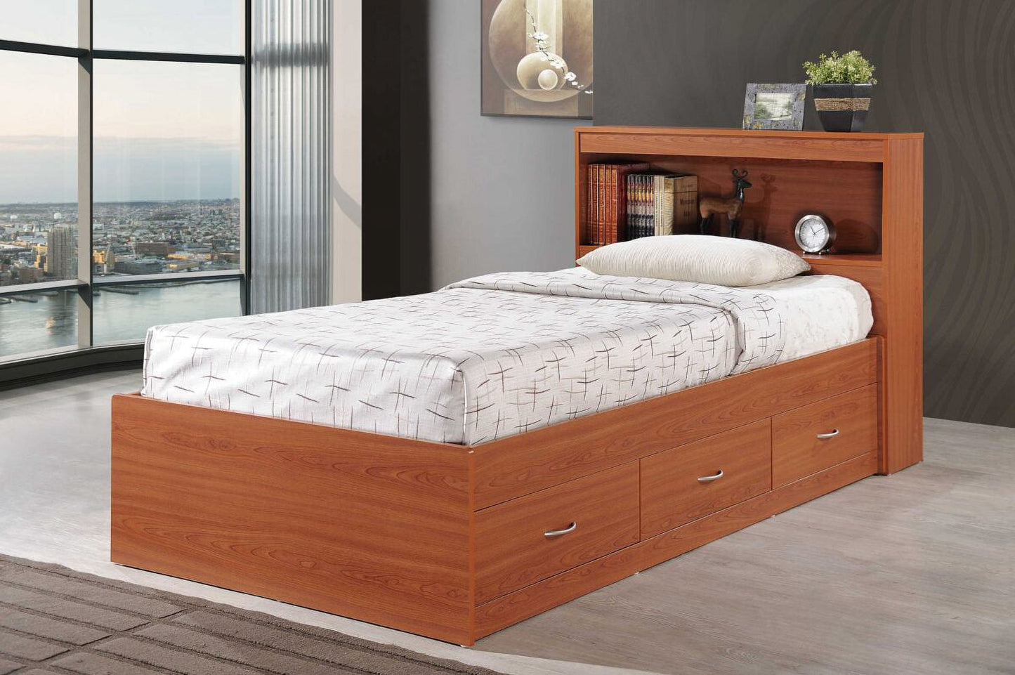 Hodedah Twin-Size Captain Bed with 3-Drawers and Headboard in Cherry
