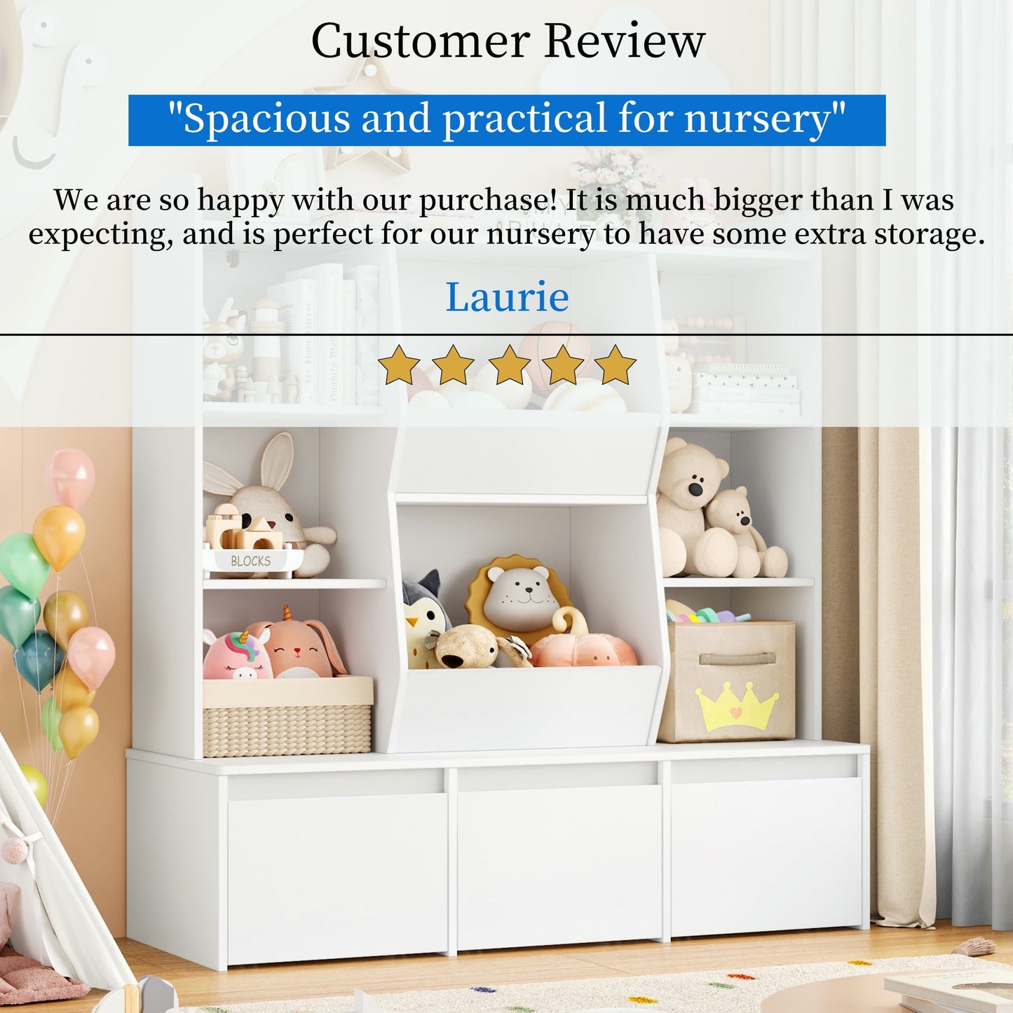 Hiphuta Kid's Toy Storage Organizer, Wood Kids Bookshelf of 8 Cubes & 3 Removable Drawers, White