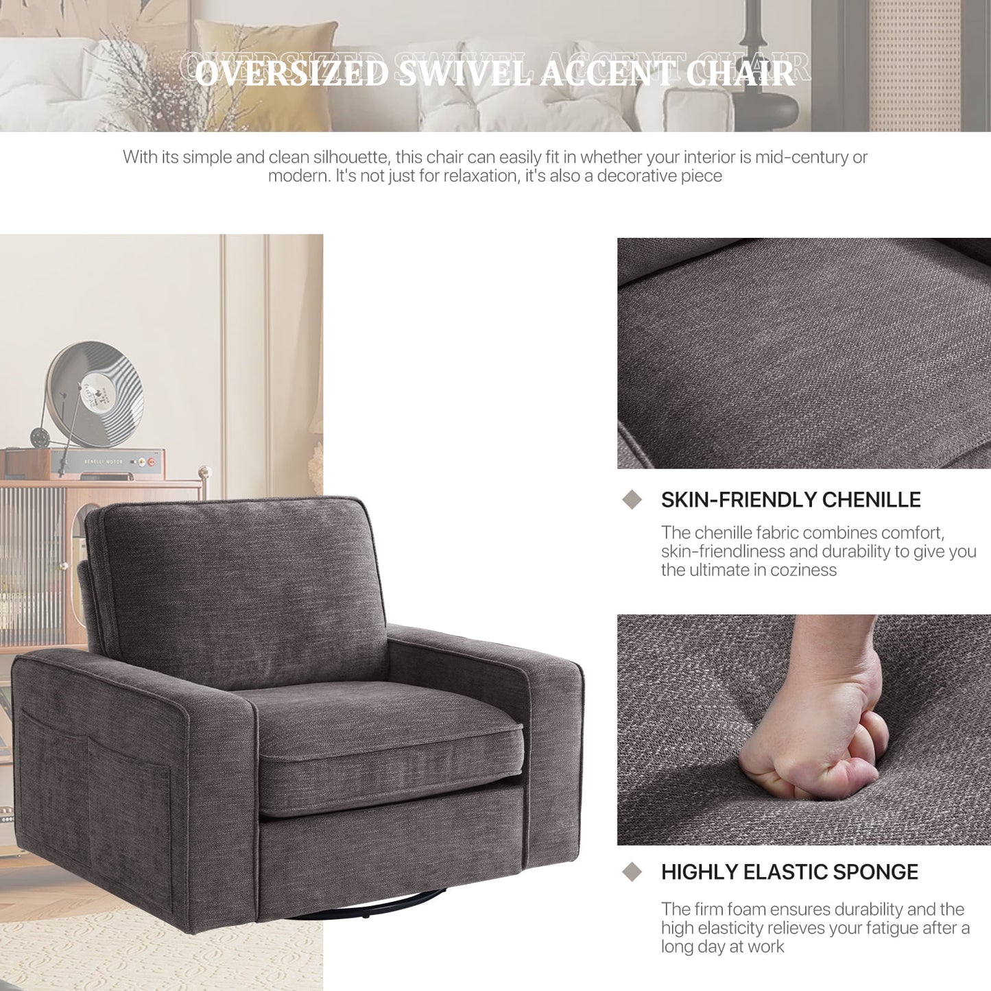 INGALIK Swivel Accent Chair, 40.2in W Oversize Chenille Accent Armchair with Storage Bag, Modern Comfortable Chair for Living Room, Bedroom, Dark Gray