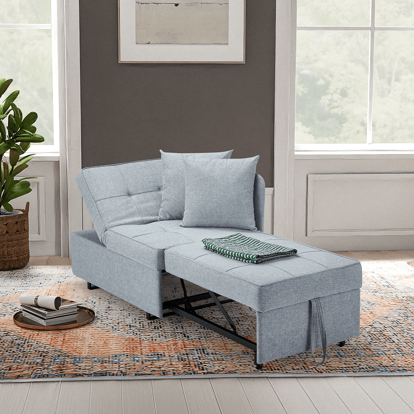 Hommow 3-in-1 Sleeper Sofa Chair Bed , 5-position Adjustable Backrest Pull Out Sofa Bed with Faux Linen Sofa Fabric, Fold Out Chair Bed for Living Rooms, Apartments, Small Rooms, Light Gray