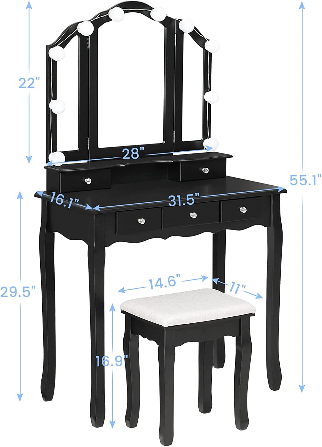 Afuhokles Makeup Vanity Table Desk Set with Lighted Tri-Fold Mirror and Stool for Bedroom, Black