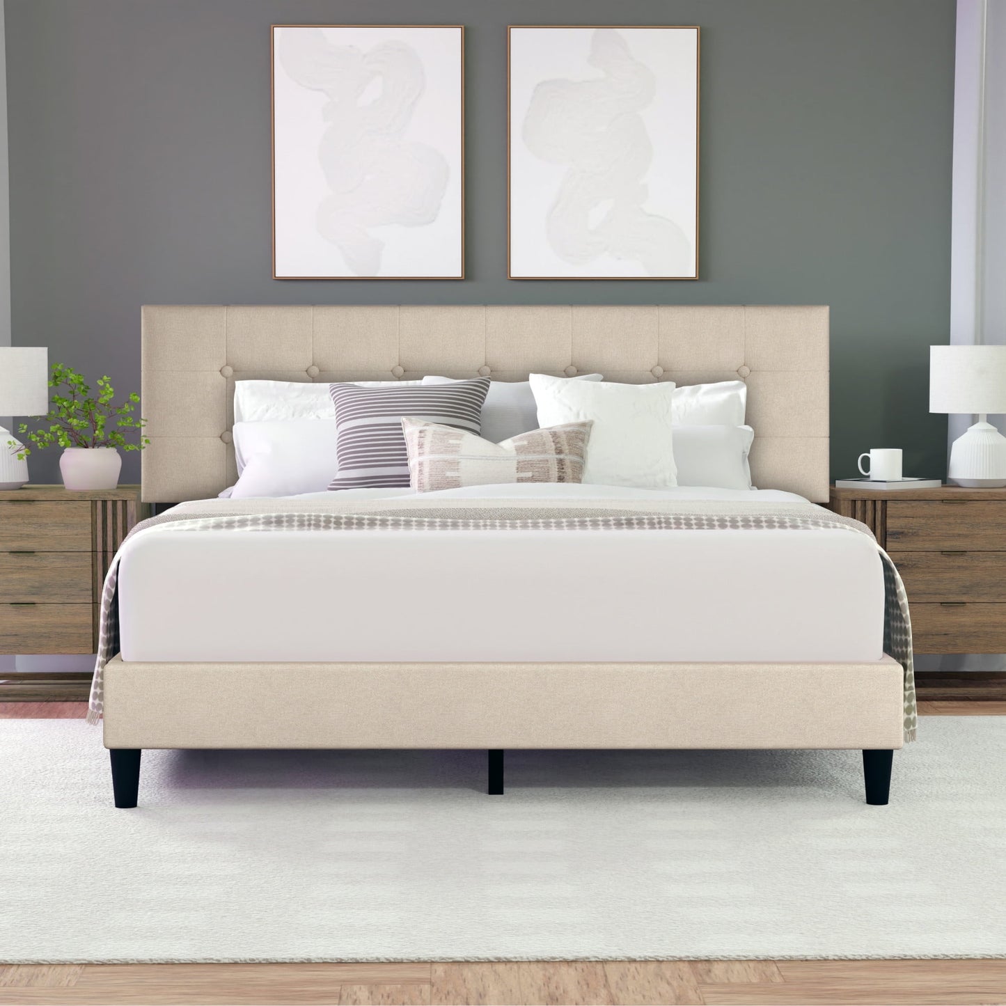 Hendrix Button Tufted Upholstered King Platform Bed, Beige, by Hillsdale Living Essentials