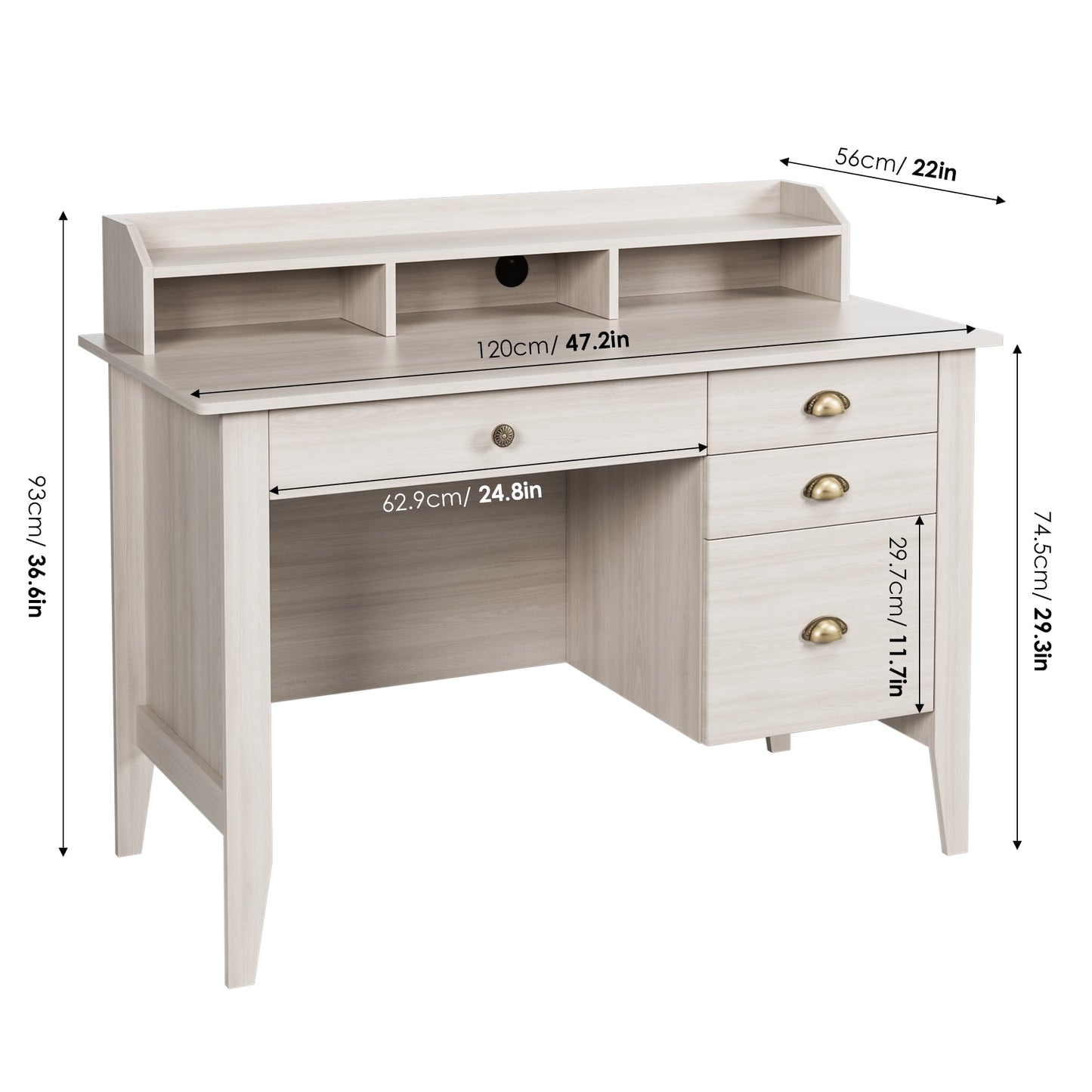 Homfa 47in Home Office Desk, Compact Wood Table, 4 Drawers and Hutch Shelf, Oak White