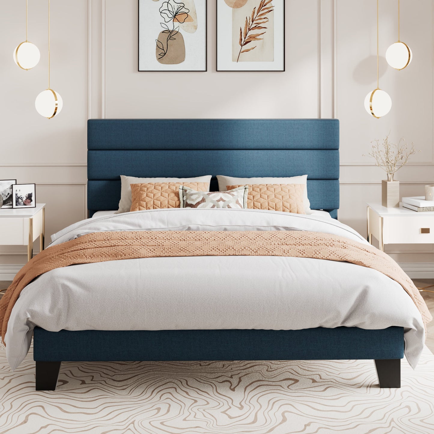 Amolife Upholstered Queen Size Platform Bed Frame with Headboard, No Box Spring Needed, Navy Blue