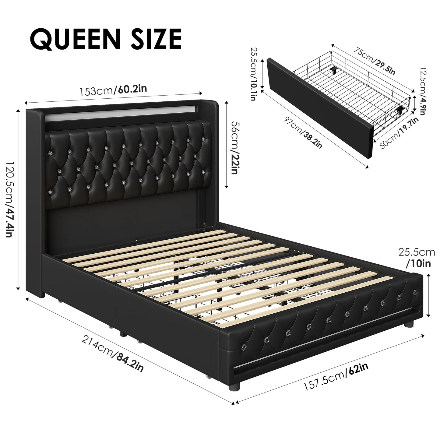 Homfa Queen Size LED Bed Frame with 4 Storage Drawers, Modern Wingback PU Leather Crystal Button Upholstered Platform Bed Frame with Outlets and USB Ports & Display Platform, Black