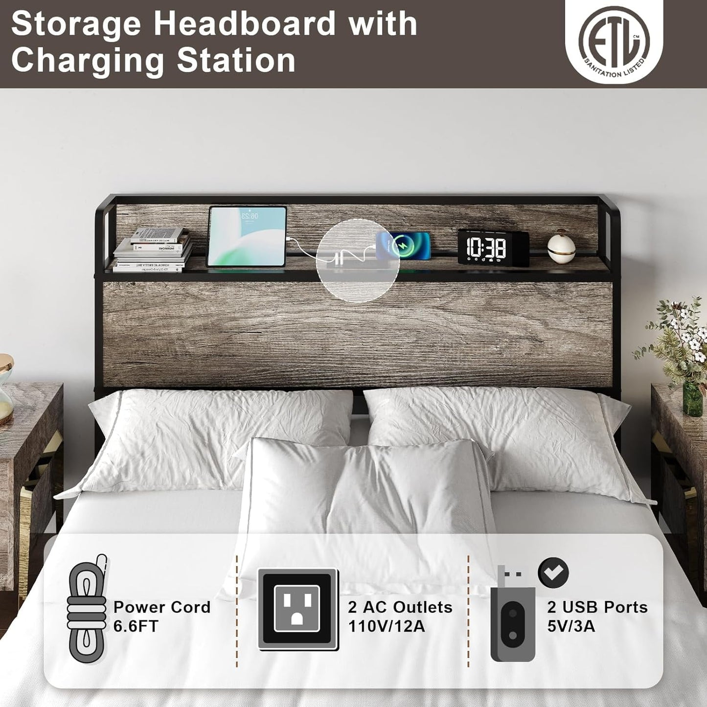 Amerlife Full Size Lift up Storage Bed Frame, Noise-Free, Charging Station, for Adults & Child, No Spring Box Needed, Rustic Grey