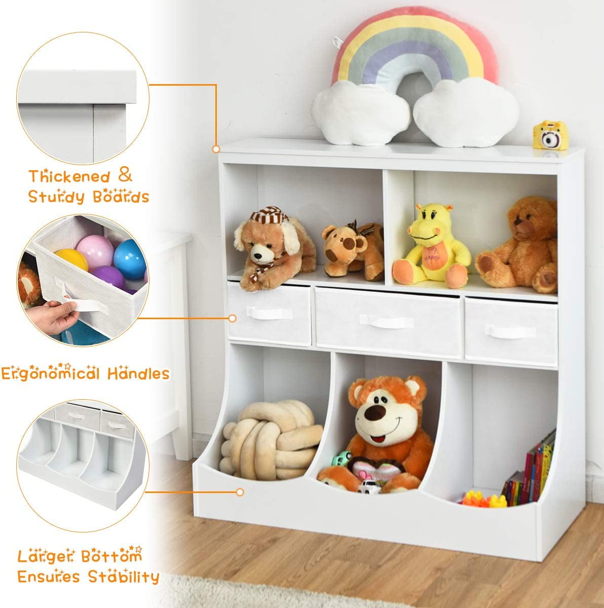 3-Tier Kids Bookcase Toddler Storage Organizer Cabinet Shelf w/ 8 Compartment Box and 3 Removable Drawers for Children, Freestanding Storage Unit for Bedroom Decor Room (White)