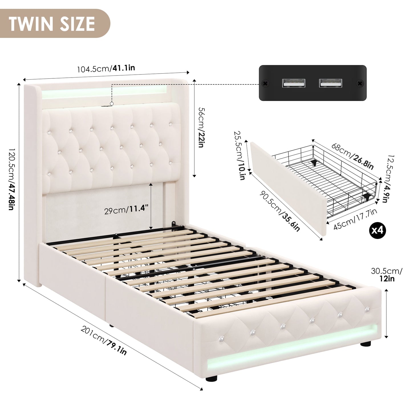 Homfa Twin Size LED Bed Frame with Outlets and USB Ports, 4 Storage Drawers Modern Wingback Crystal Button Tufted Velvet Upholstered Platform Bed Frame, Pink
