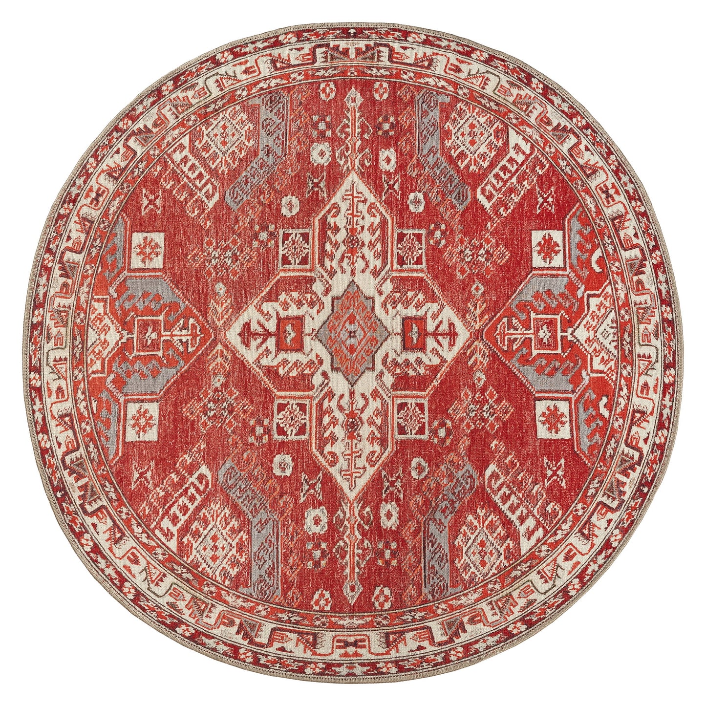 GLN Rugs Knossos - Machine Washable Area Rug - 5' Round Turkish Vintage Rug - Red/Beige
