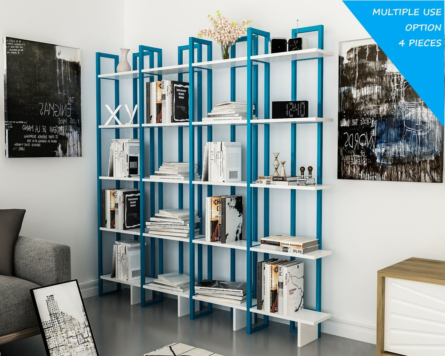 Alice 71in 5 Shelf Corner Bookcase, White Blue