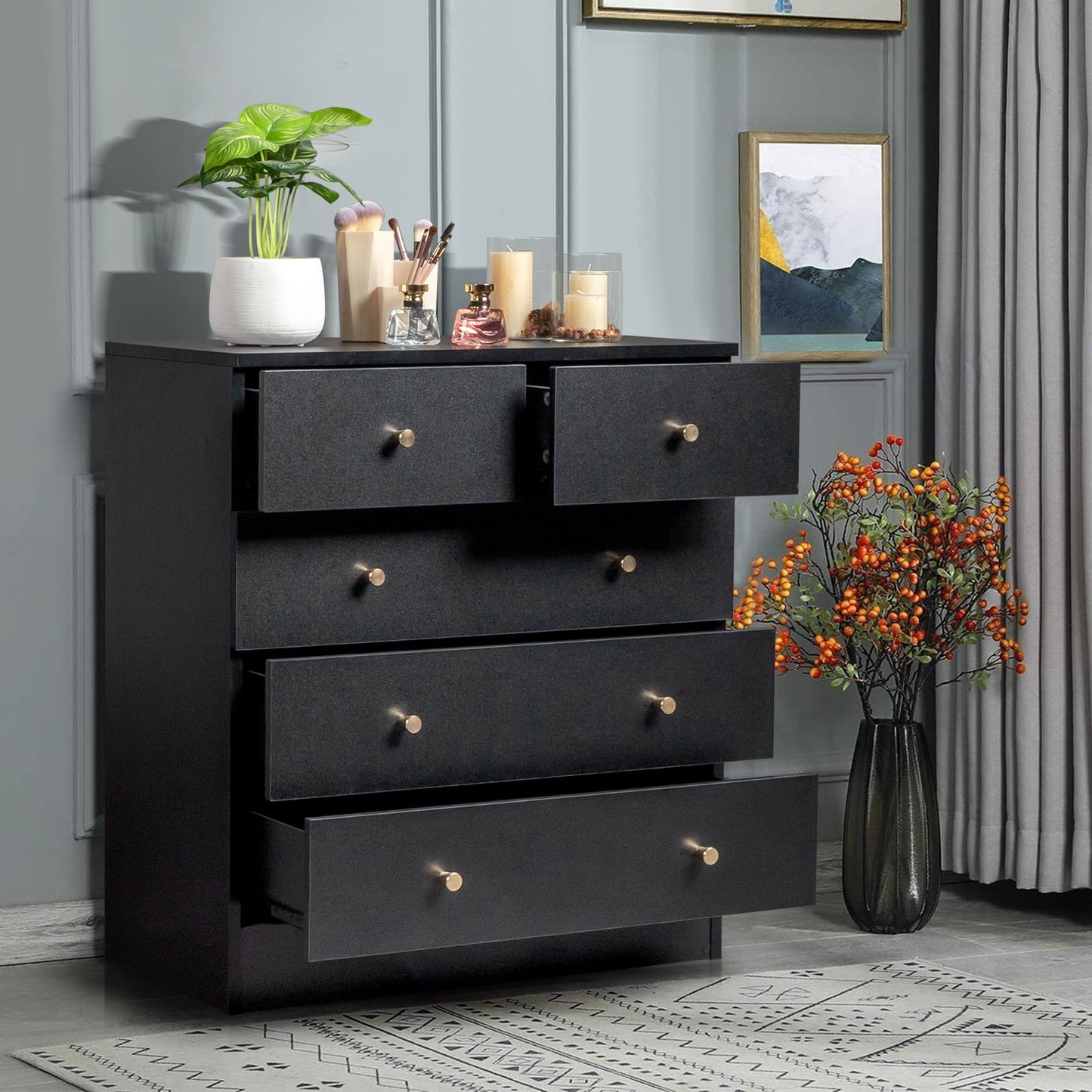 iTopRoad Wooden Dresser Chests with 5 Drawers, Modern Wood Chest of Drawers, Versatile Storage Cabinet for Bedroom, Living Room, and Hallway, Black