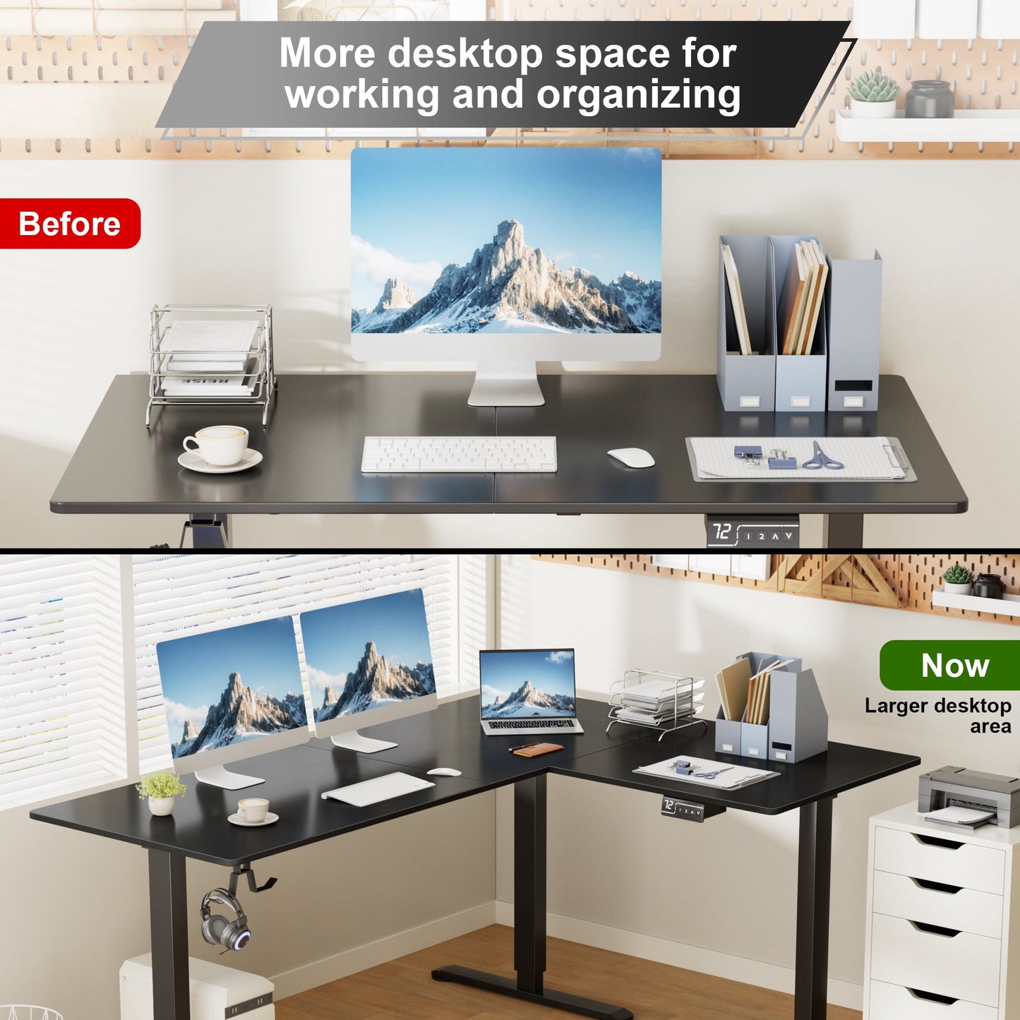 Homall 63in Wide L-shaped Electric Sit-Stand Desk Lifting Range 28~46in Height Gear Memory Ergonomics Standing Desk Height Adjustable Computer Desk, Black