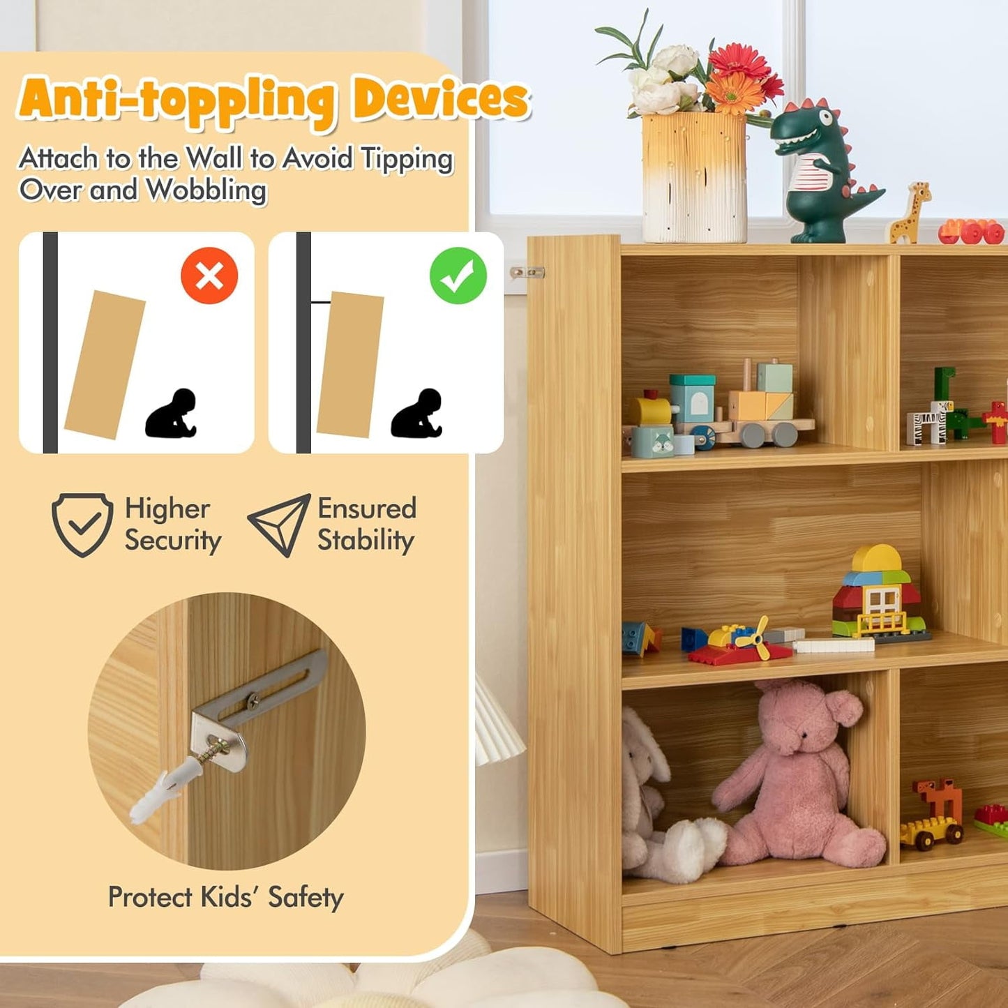 HONEY JOY Kids Toy Storage Organizer, 8-Section Storage Daycare Shelf for Preschool, Children 3-Tier Open Wooden Display Book Shelf Organizer for Classroom, Playroom & Nursery, Kindergarten(Natural)