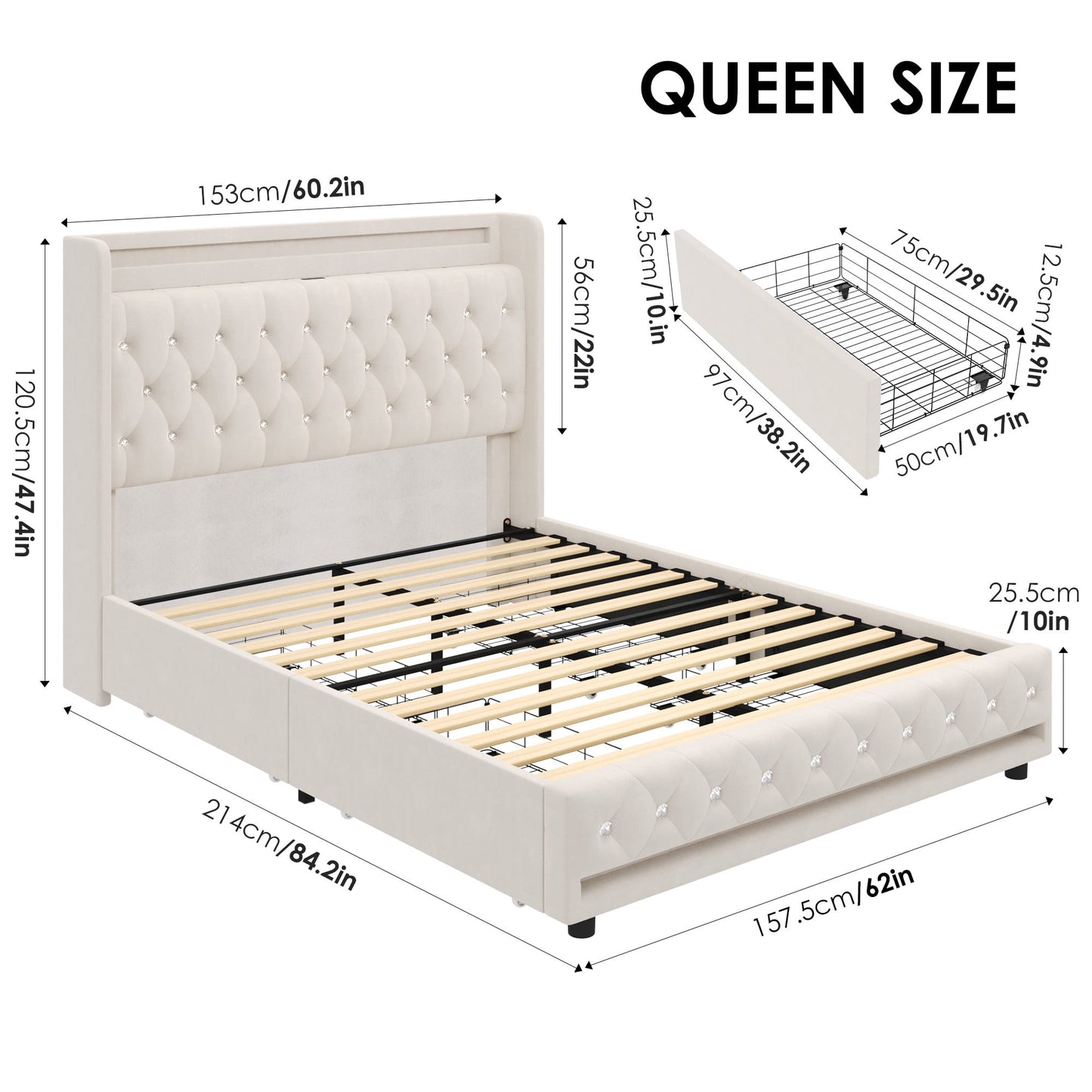 Homfa Queen Size LED Bed Frame with Outlets and USB Ports & Display Platform, 4 Storage Drawers Modern Crystal Button Tufted Upholstered Platform Bed Frame, Beige