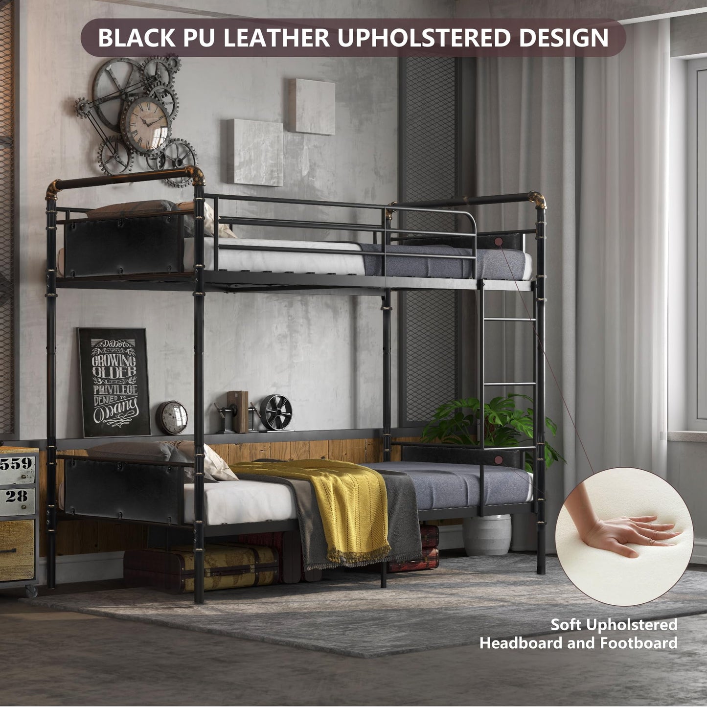 Alohappy Twin over Twin Bunk Bed, Convertible Twin Bunk Beds into 2 Individual Bed, Removable Ladder & Safety Guard Rail for Kids, Easy Assembly, No Box Spring Needed (Black)