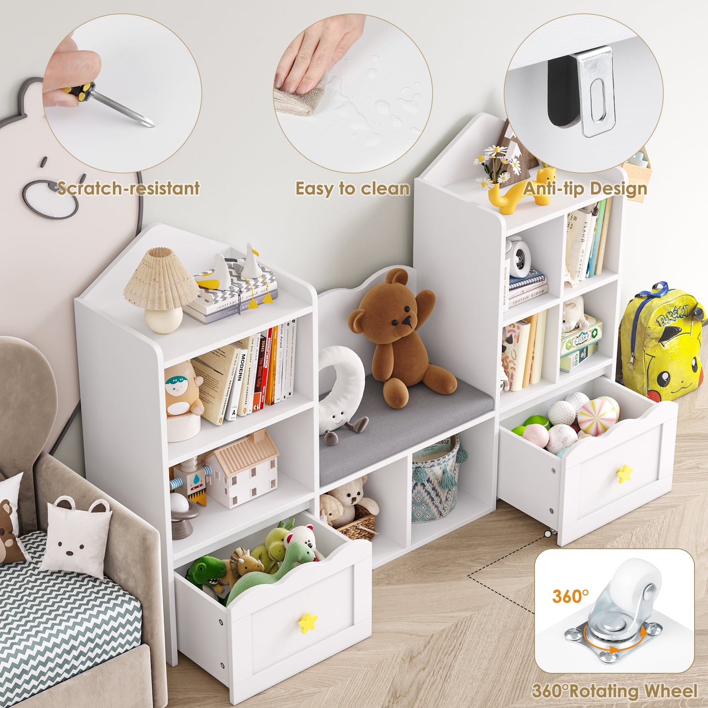 Homfa Kids Bookshelf with Reading Nook, Kids Storage Cabinet with 8 Cubby, 2 Wood Toy Bin for Nursery Kids Room, White