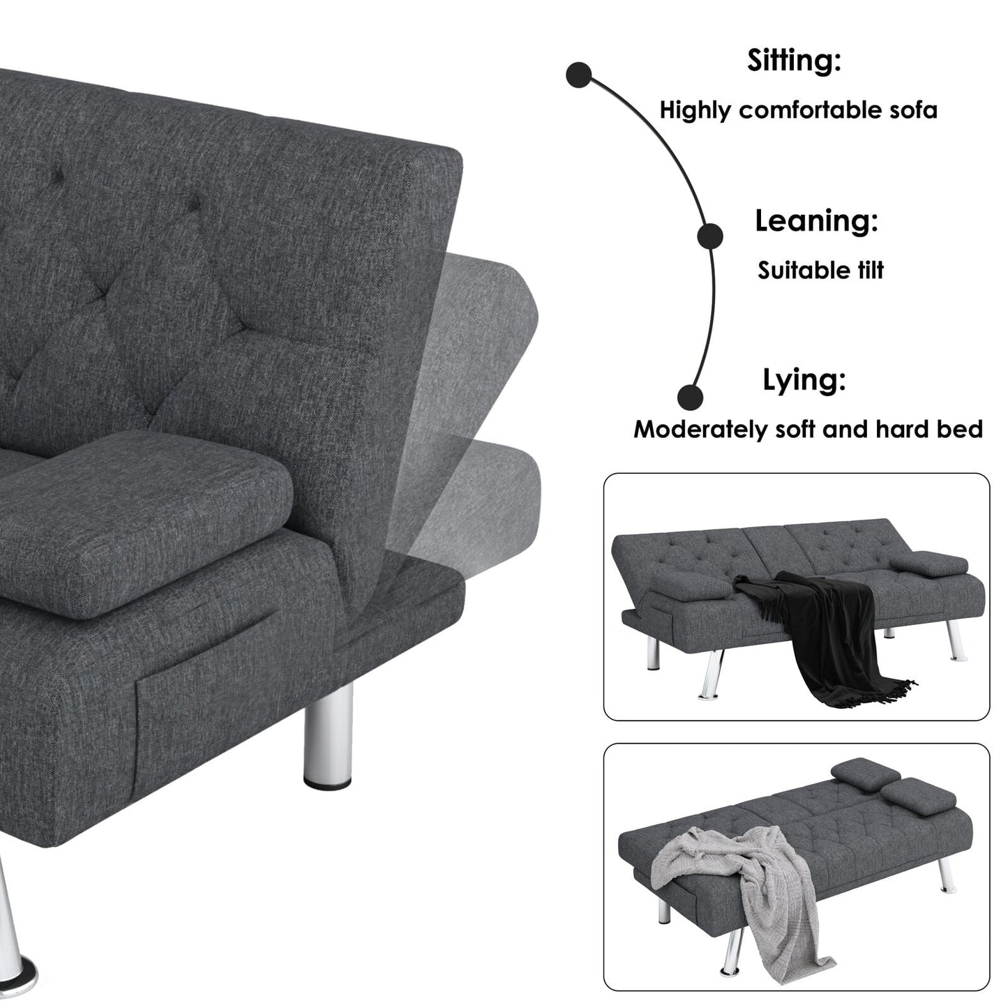 Homfa Upholstered Sofa Bed Couch, Convertible Futon Sleeper Sofa with Removable Armrests, Dark Gray
