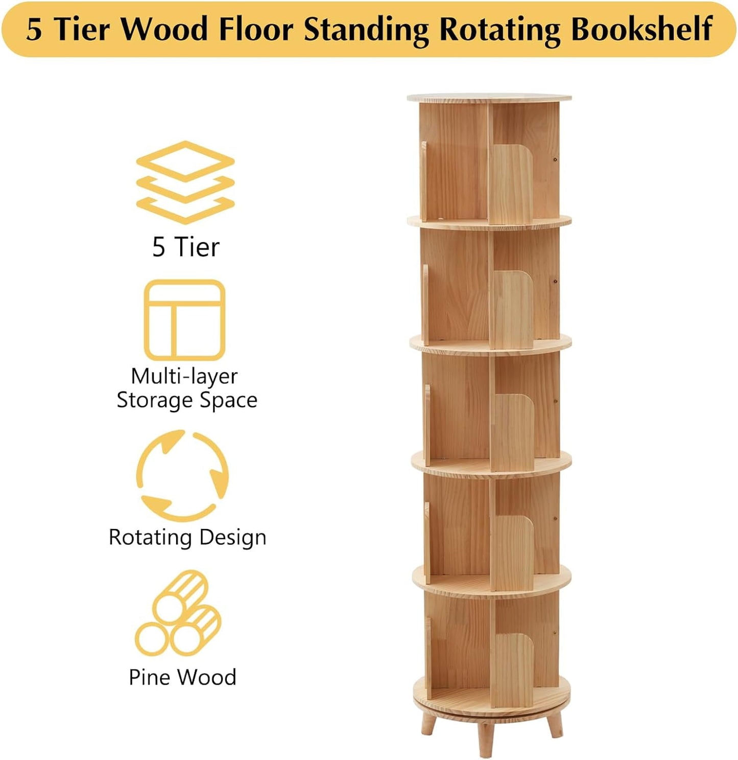 5 Tiers Rotating Bookshelf 360 Display Book Shelf,Wood Narrow Bookshelf Organizer, Multi-Functional Floor Stand Storage Rack