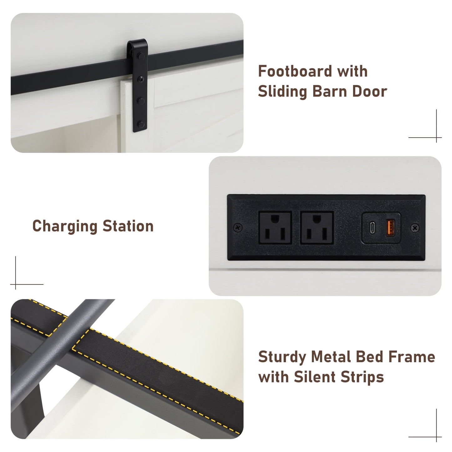 ANPOO Farmhouse Queen Size Bed Frame with LED Lights & Charging Station, Sliding Barn Door Storage Cabinet/Headboard,High Footboard, No Box Spring Needed, Noise-Free,White