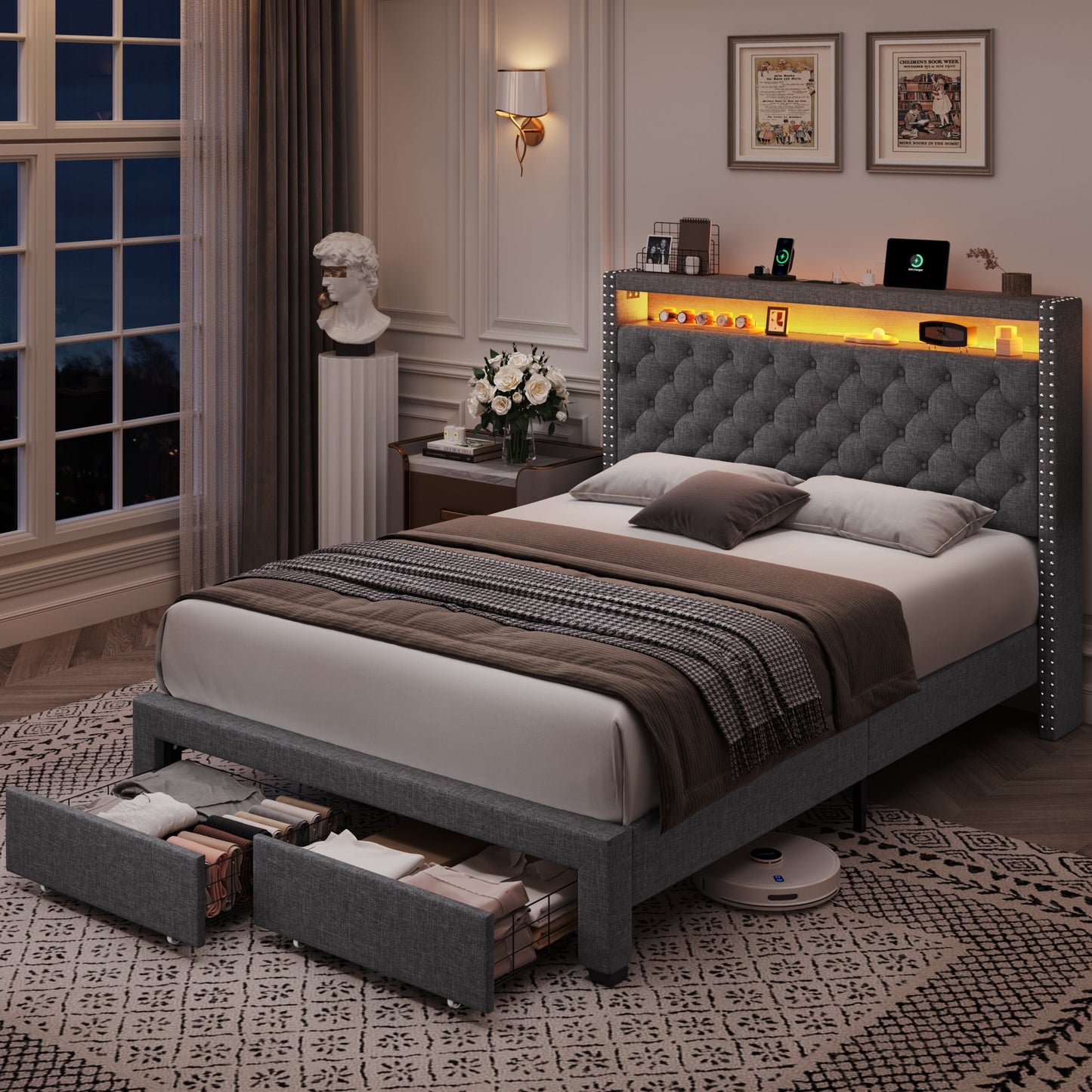 Homfa Queen Size LED Bed Frame with Outlets and USB Ports, Modern Storage Platform Bed with Linen Fabric Button Tufted Upholstered Headboard, Gray