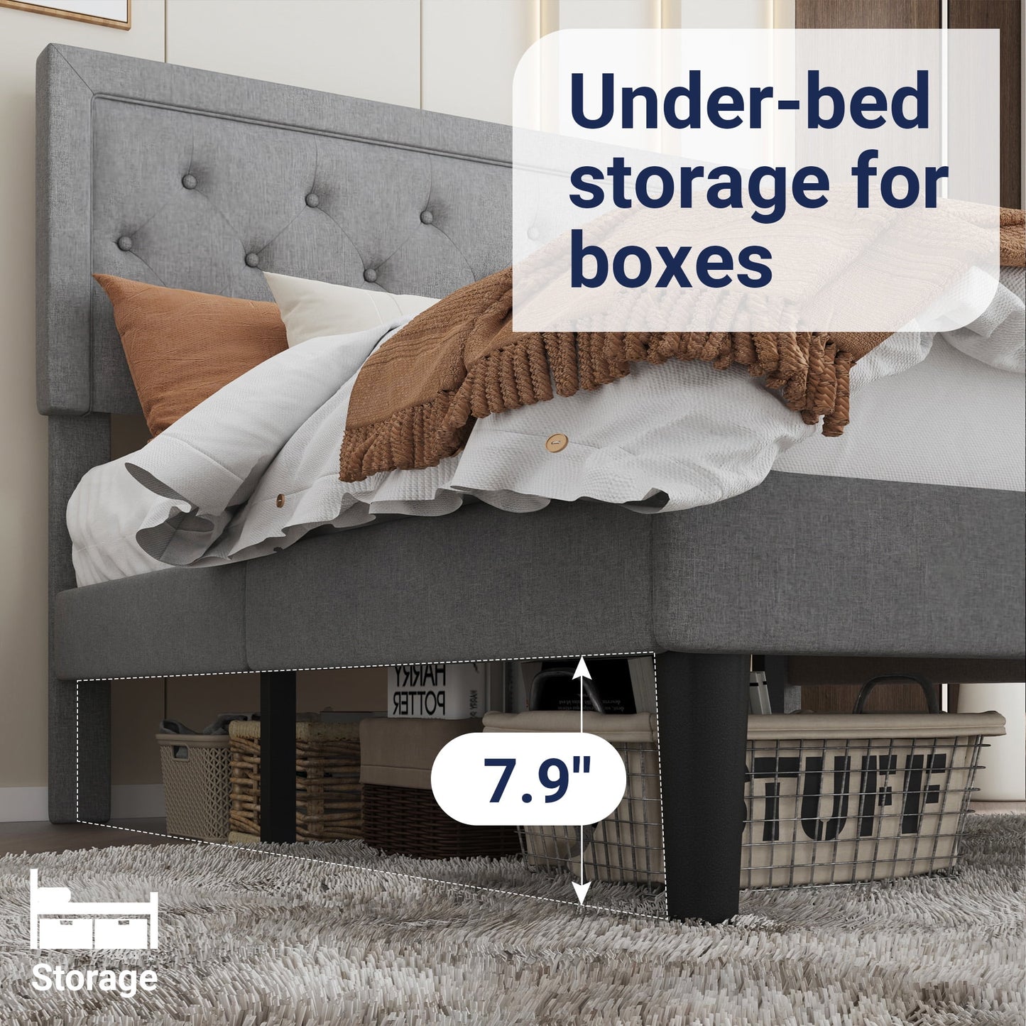 Allewie King Size Bed Frame Upholstered Platform Bed with Adjustable Headboard, Box Spring not Needed, Light Grey